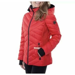 Nautica Puffer Jacket Coat Detachable Faux Fur Hood Size M Red Athleisure Sporty